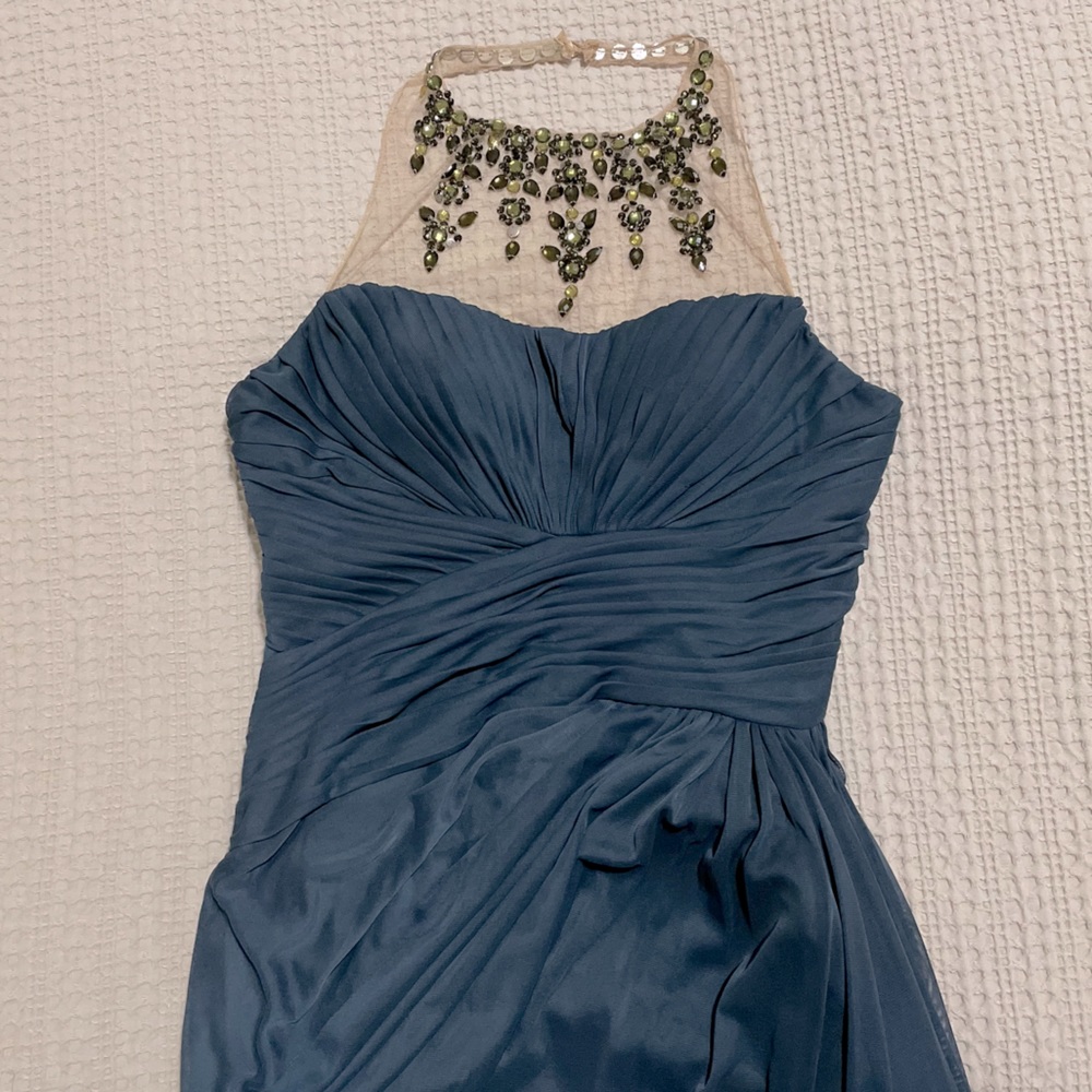 ADRIANNA PAPELL hand beaded halter long column gown in dusty blue.
